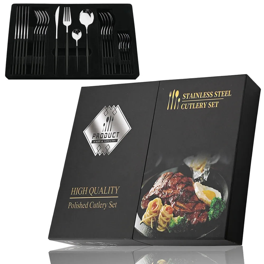 24Pcs Black Handle Golden Cutlery Set Stainless Steel Knife Fork Spoon Tableware Flatware Set