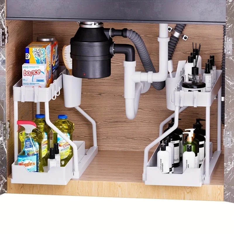 2-Tier Plastic Storage Organizer Pull-Out Drawer Kitchen Bathroom Space-Saving Durable Large Capacity
