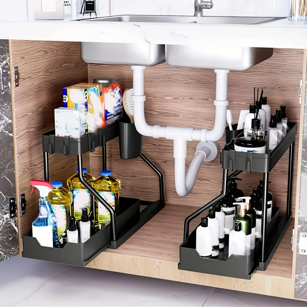 2-Tier Plastic Storage Organizer Pull-Out Drawer Kitchen Bathroom Space-Saving Durable Large Capacity