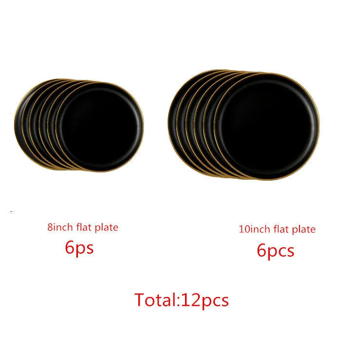 Gilt Rim Black Porcelain Dinner Plates Cutlery Set