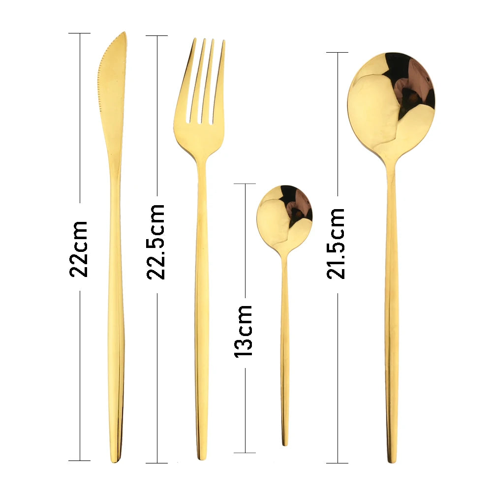 24Pcs Black Handle Golden Cutlery Set Stainless Steel Knife Fork Spoon Tableware Flatware Set