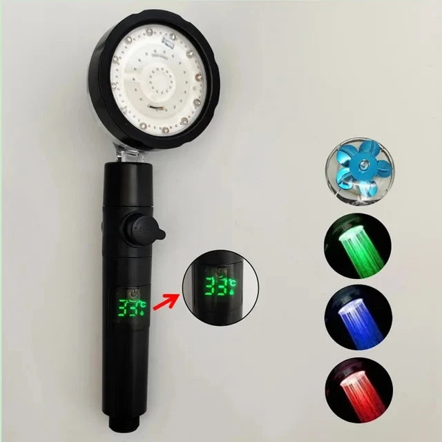 LED Digital Temperature Display Shower Head Temperature Control Colorful Fan Spray Nozzle