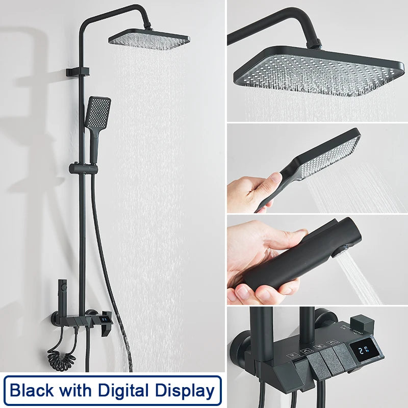 Rozin Black Smart Digital Display Shower Faucet Set Piano Style Rain fall Grey Digital Mixer