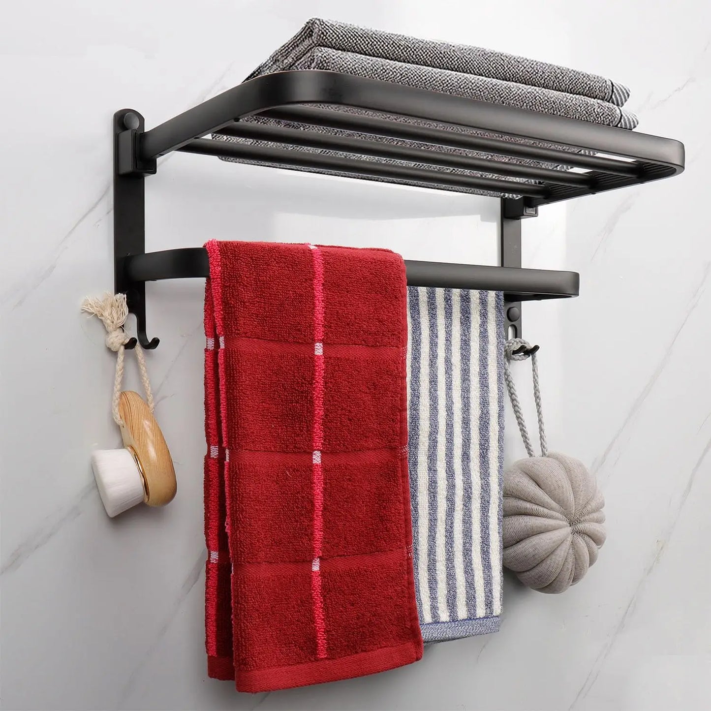 50CM Matte Black Folding Holder With Hook ,Towel Holder, Wall Mount Aluminum Towel Rack