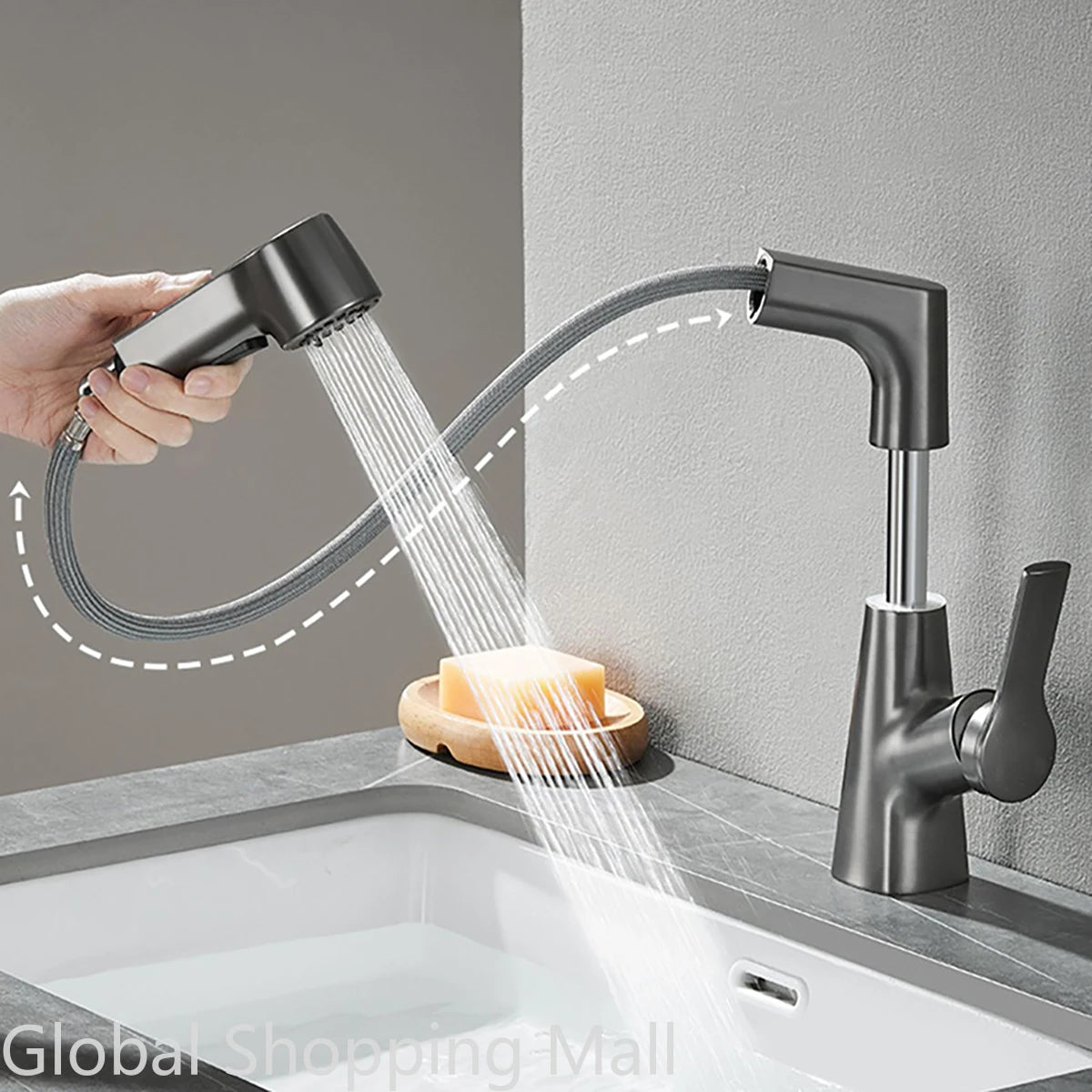 Pull Out Lift Kitchen Faucet 360° Rotatable Splashproof Stainless Steel Kitchen Sink Faucet with Pull Down Sprayer
