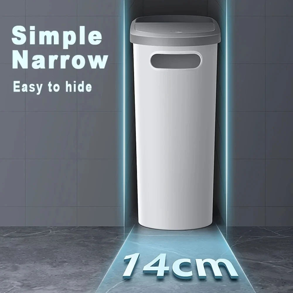 Plastic Trash Can with Lid Compact Press-Type Top Space-Saving Design for Bathroom Kitchen Living Room