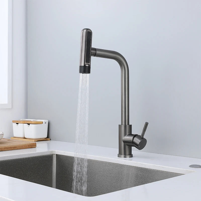 Pull Out Rotation Waterfall Black Stream Sprayer Head,6 Mode Gray Kitchen Faucets, Sink Mixer