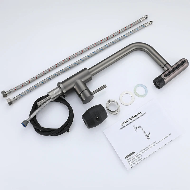 Pull Out Rotation Waterfall Black Stream Sprayer Head,6 Mode Gray Kitchen Faucets, Sink Mixer