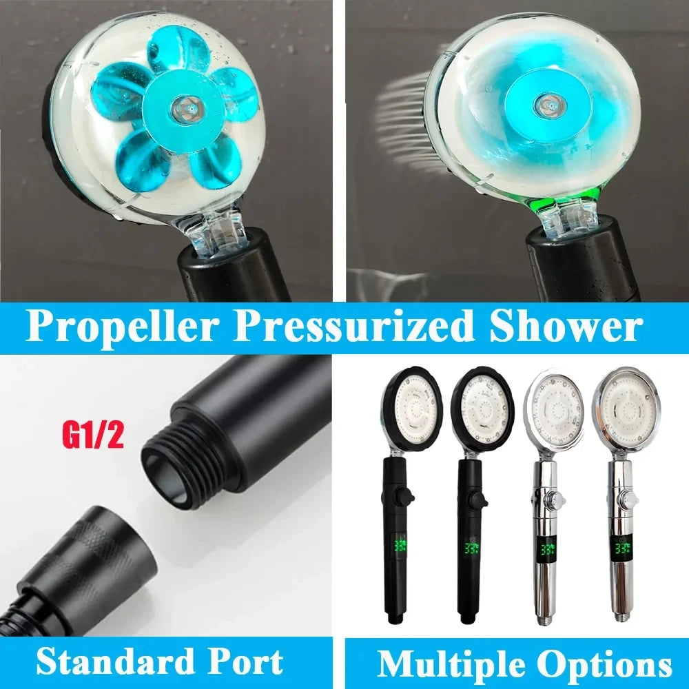 LED Digital Temperature Display Shower Head Temperature Control Colorful Fan Spray Nozzle