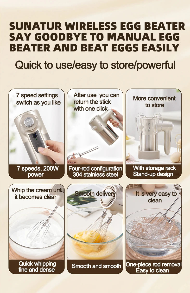 SUNATUR Handheld Electric Mixer Wireless Charging ,Egg Beater, Cream Whipper 200W power 7 - Speed