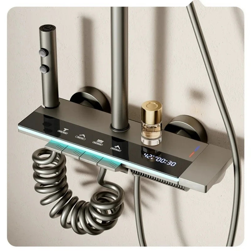 Grey shower Set Four-Function Smart Digital Display Shower System Rainfall Pressurized Wall-mounted Piano Key