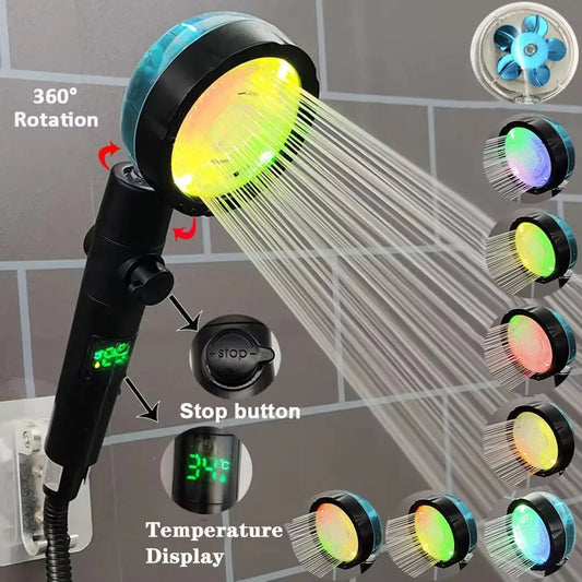 LED Digital Temperature Display Shower Head Temperature Control Colorful Fan Spray Nozzle
