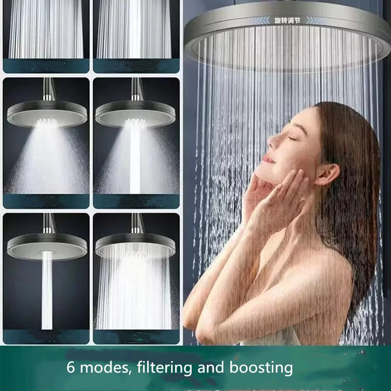 New 6 Modes Large Flow Supercharge Rainfall Shower Head 230mm Round High Pressure Top Spray Rain