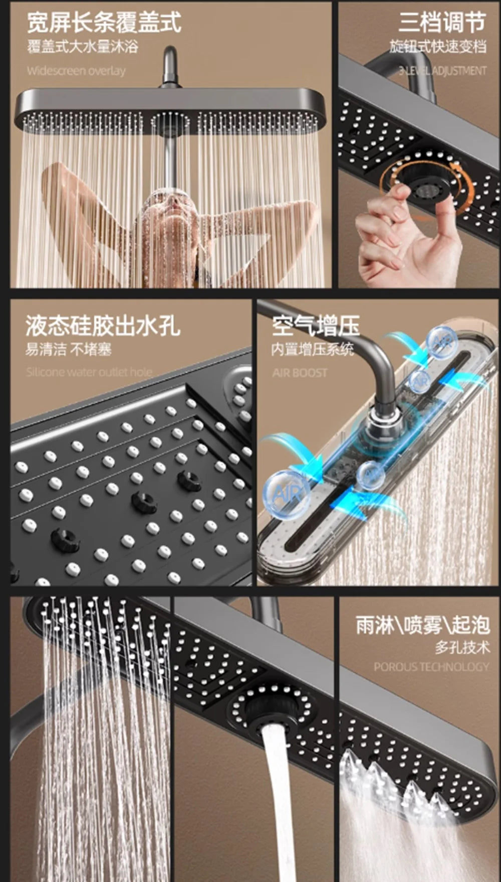 New 480mm Big Panel Showerhead 3 Mode Supercharge Rainfall Shower Head