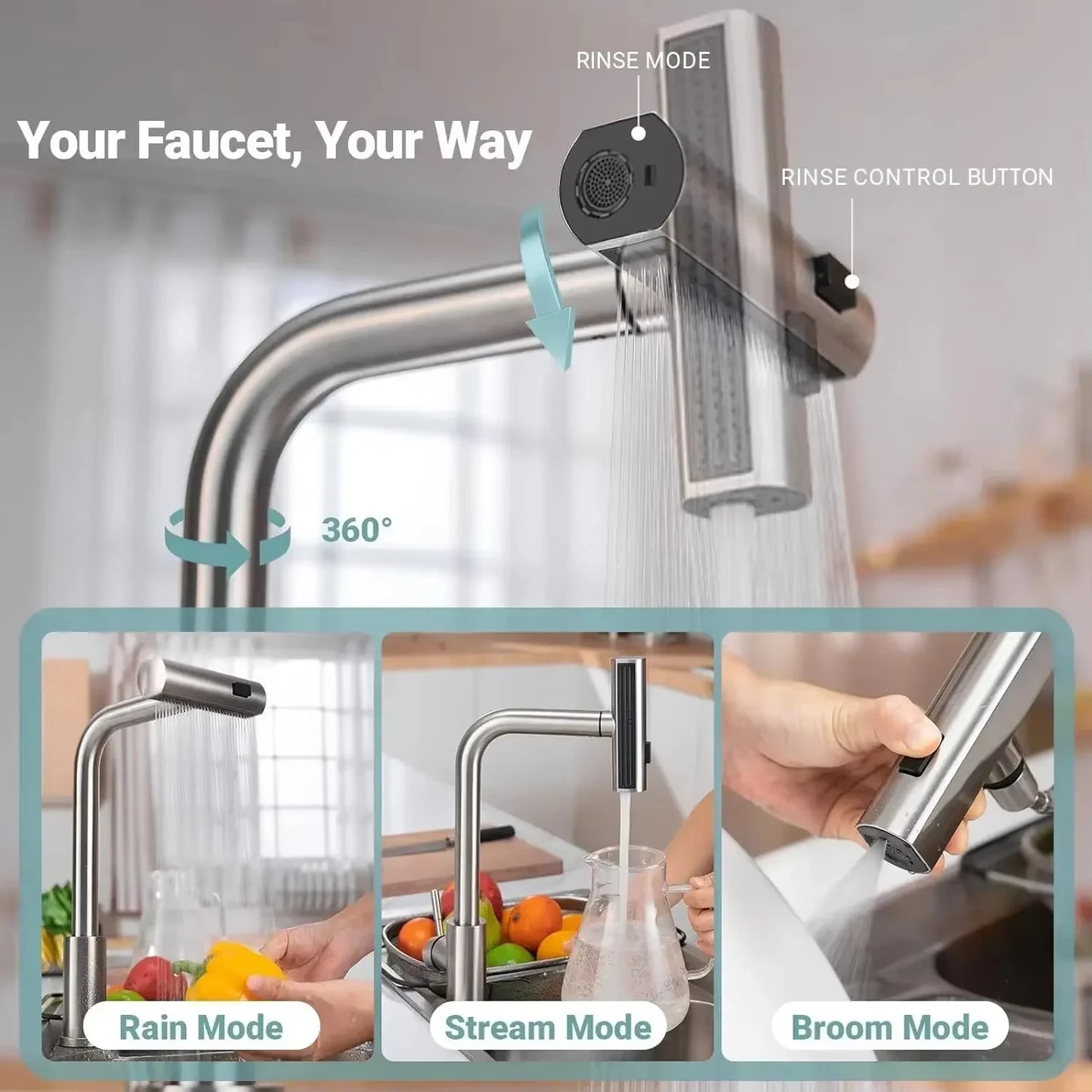 Pull Out Kitchen Faucet, Flexible Hot and Cold Water Kitchen Sink Mixer , Deck Mounted with Stream Shower Mode