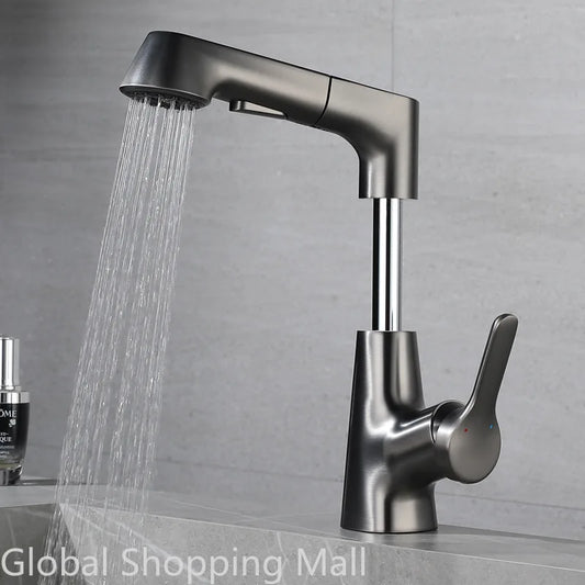 Pull Out Lift Kitchen Faucet 360° Rotatable Splashproof Stainless Steel Kitchen Sink Faucet with Pull Down Sprayer
