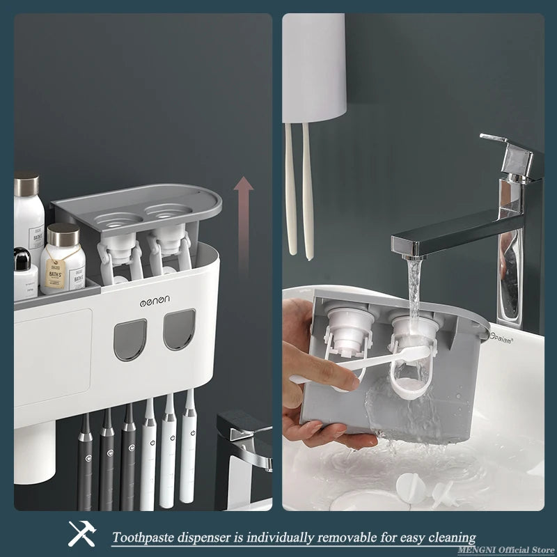 MENGNI-Magnetic Adsorption Inverted Toothbrush Holder Wall -Automatic Toothpaste Squeezer Storage Rack