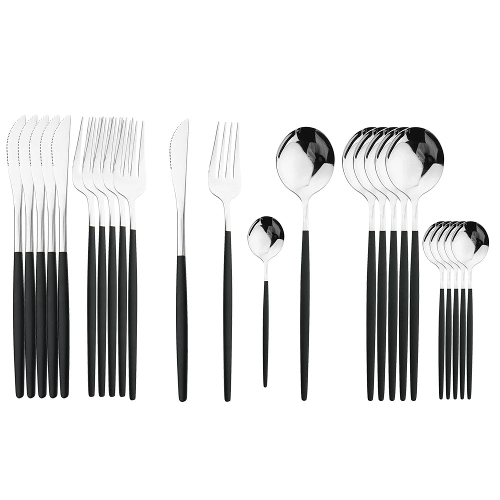 24Pcs Black Handle Golden Cutlery Set Stainless Steel Knife Fork Spoon Tableware Flatware Set