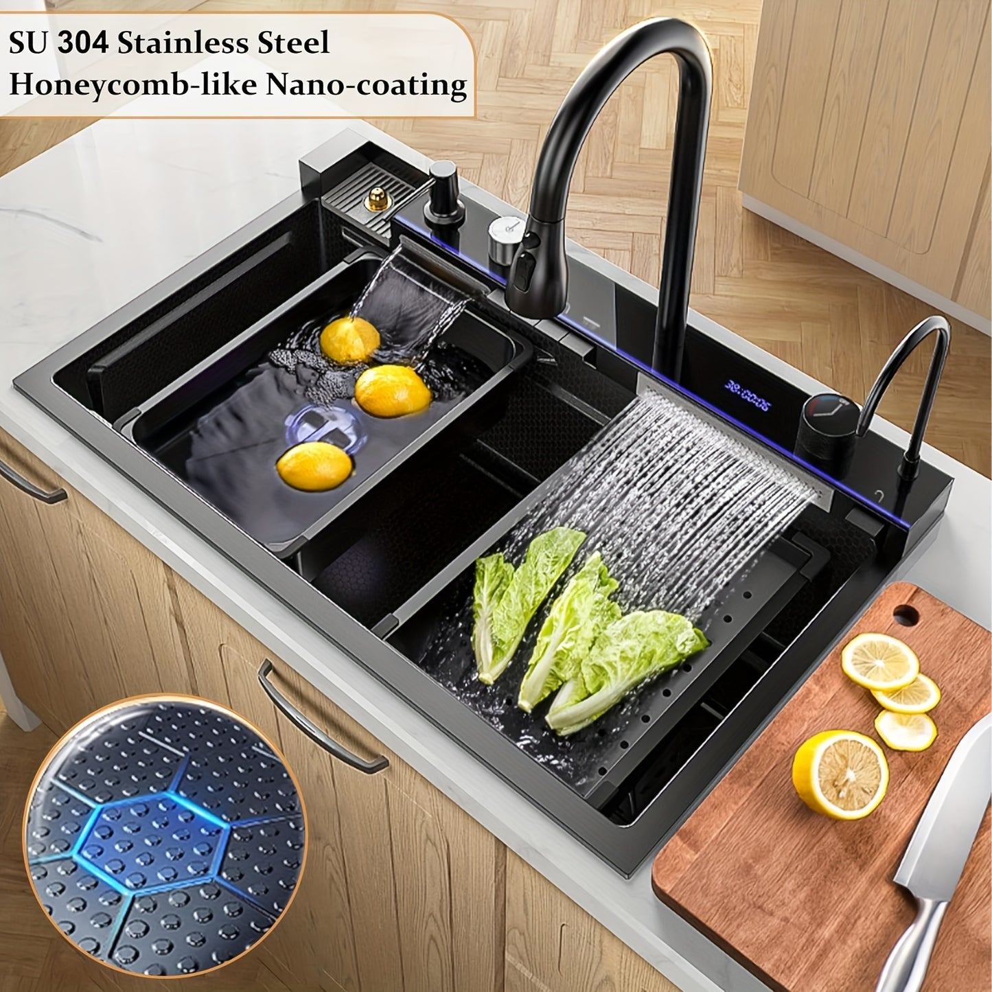 Digital Display Waterfall Sink Single Bowl Kitchen Sinks - Stainless Steel