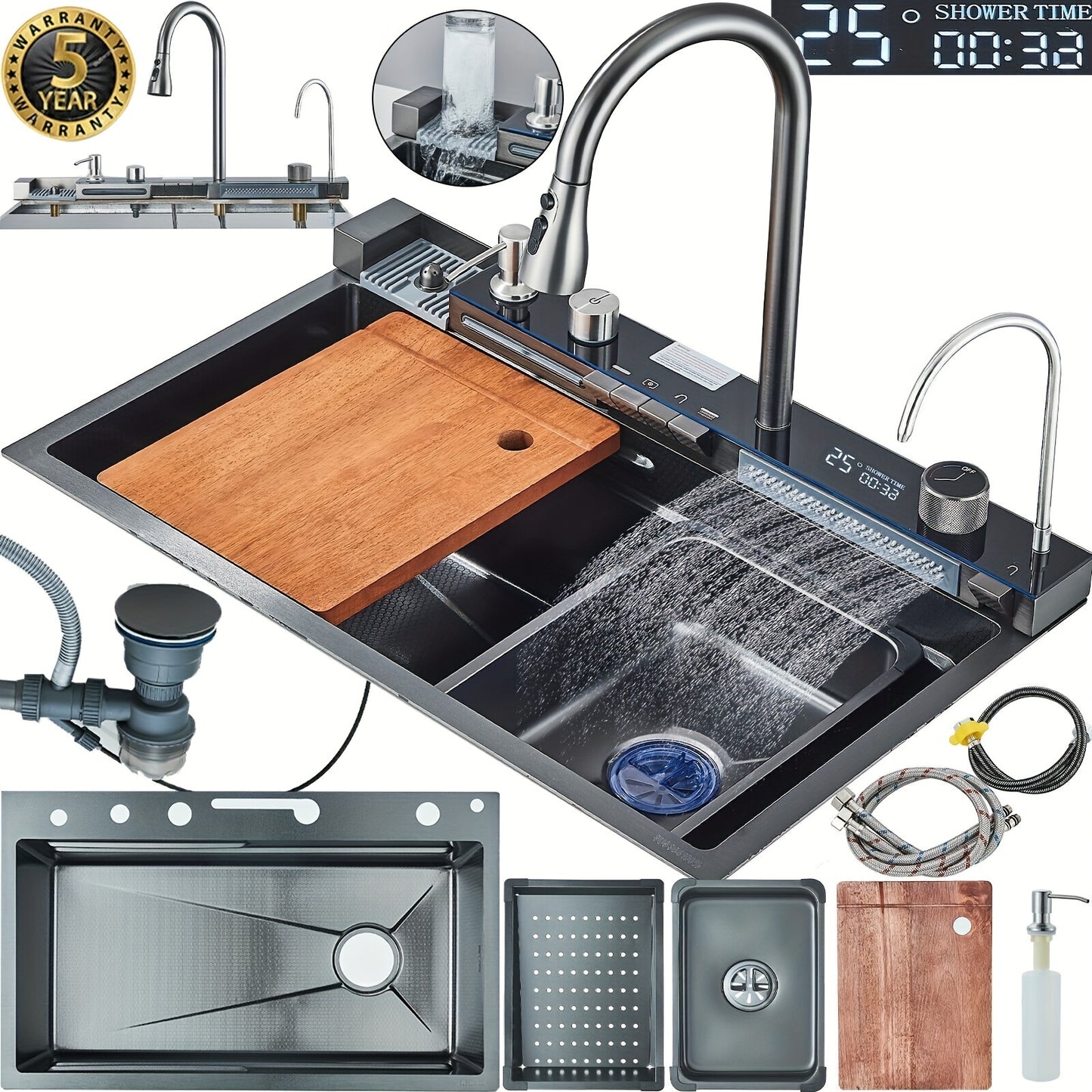 Digital Display Waterfall Sink Single Bowl Kitchen Sinks - Stainless Steel