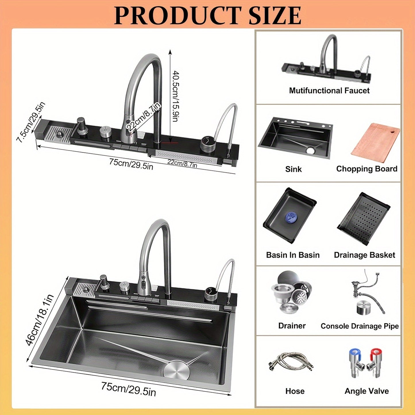 Digital Display Waterfall Sink Single Bowl Kitchen Sinks - Stainless Steel