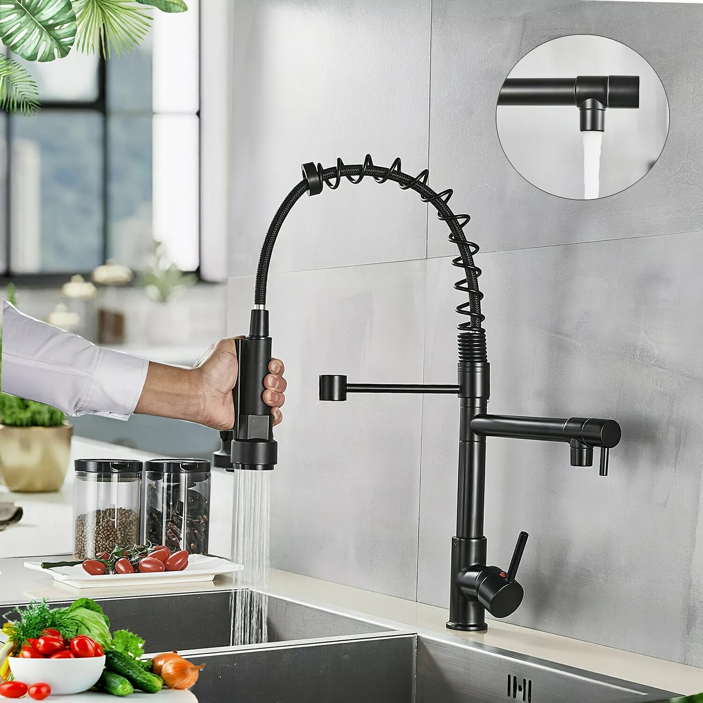 Commercial-Grade Matte Black Kitchen Faucet with Pull-Down Sprayer - Single Handle High Pressure Brass Sink Faucet