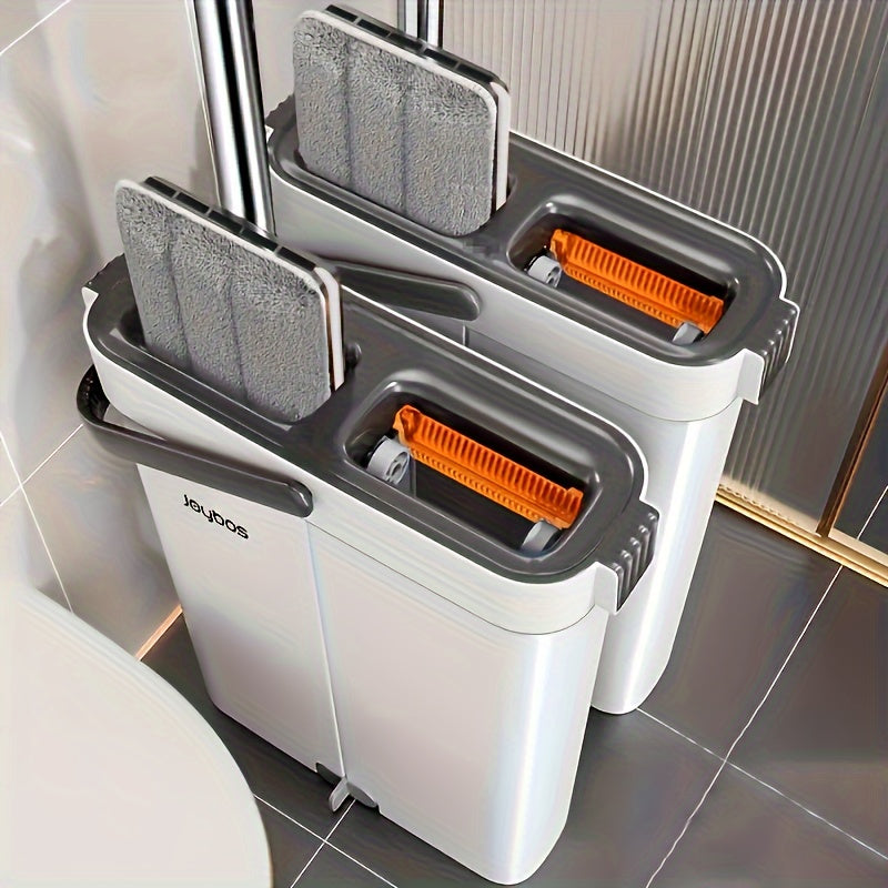 Complete cleaning system with mop and bucket, hands-free household dusting flat mop, dry and wet separation bucket, comes with 3 washable and reusable microfiber cloths