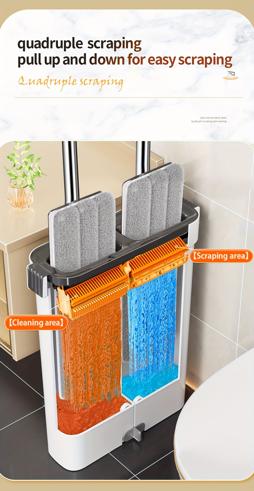 Complete cleaning system with mop and bucket, hands-free household dusting flat mop, dry and wet separation bucket, comes with 3 washable and reusable microfiber cloths