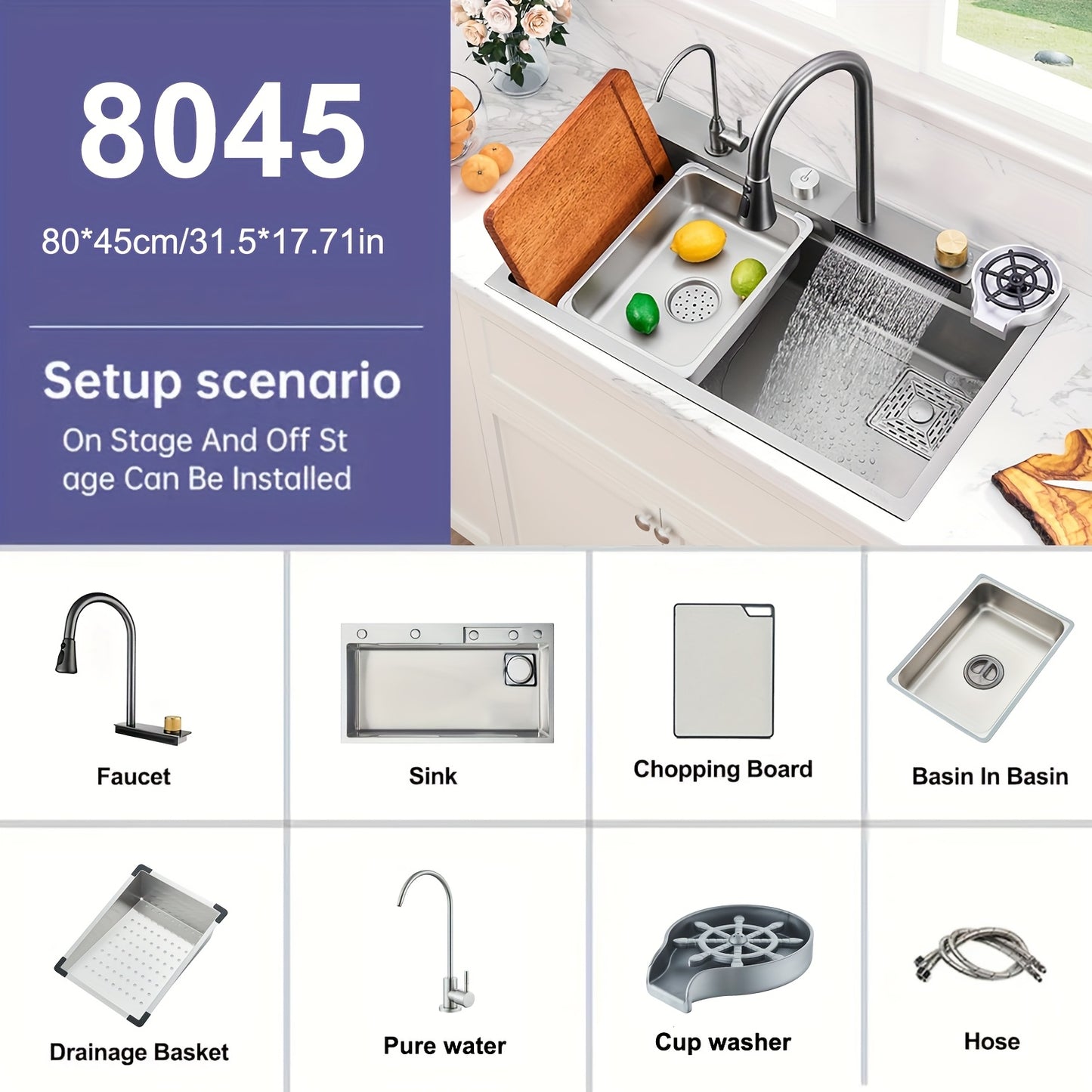 Digital Display Waterfall Sink Single Bowl Kitchen Sinks - Stainless Steel