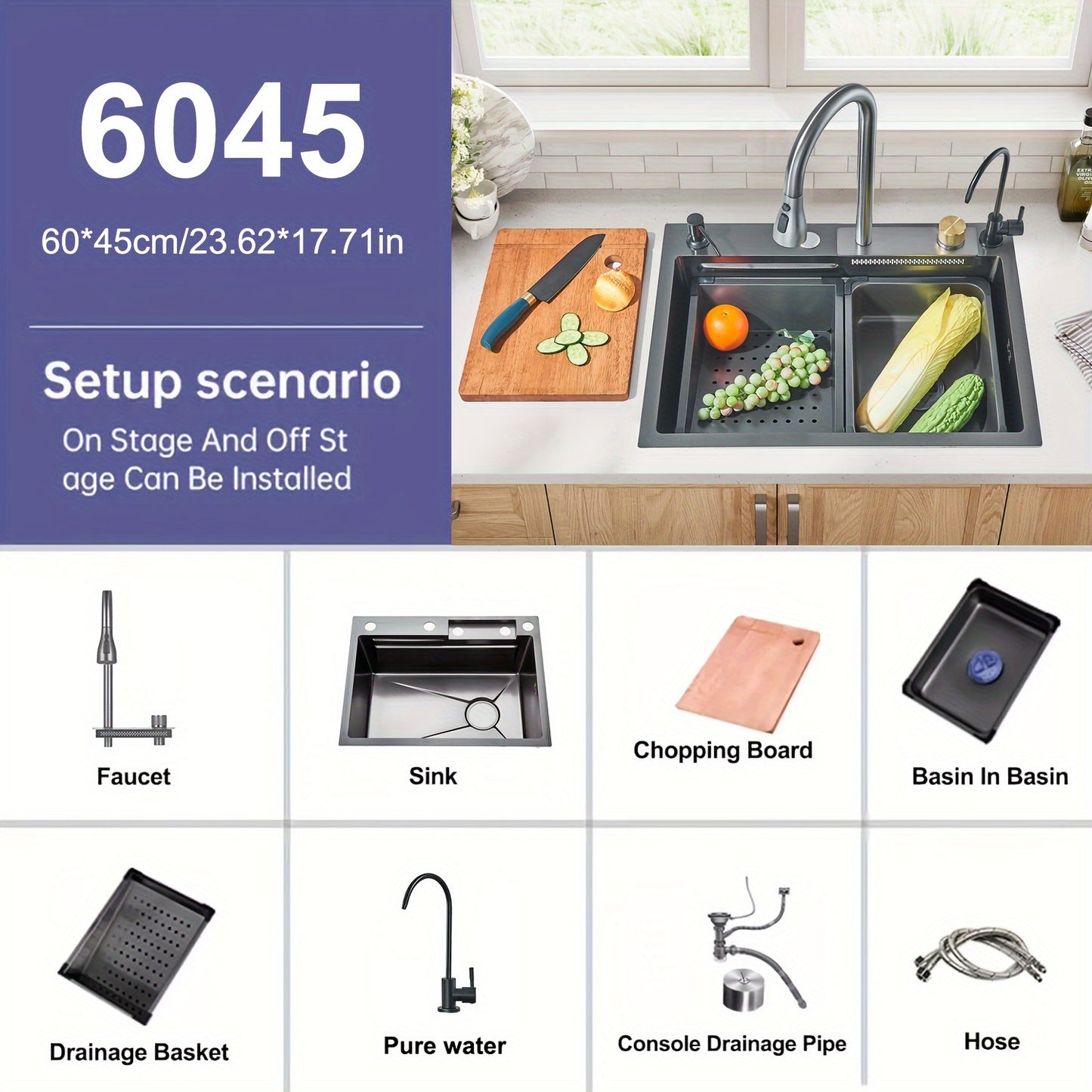 Digital Display Waterfall Sink Single Bowl Kitchen Sinks - Stainless Steel