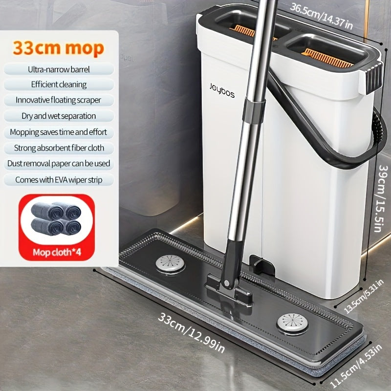 Complete cleaning system with mop and bucket, hands-free household dusting flat mop, dry and wet separation bucket, comes with 3 washable and reusable microfiber cloths