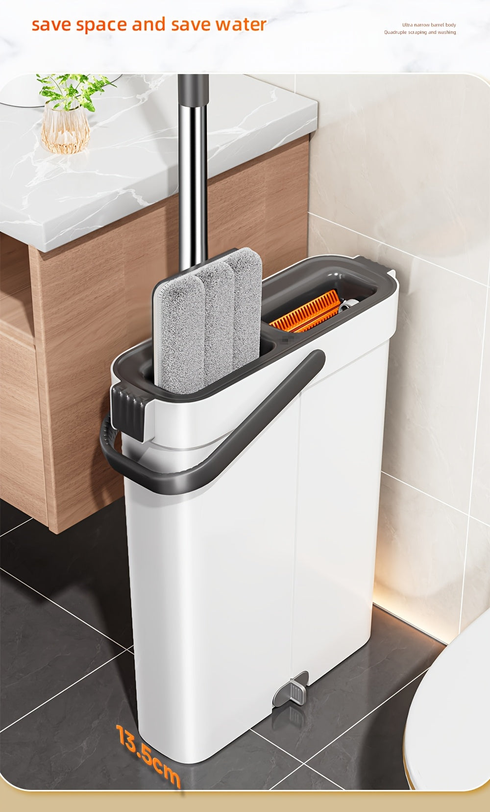 Complete cleaning system with mop and bucket, hands-free household dusting flat mop, dry and wet separation bucket, comes with 3 washable and reusable microfiber cloths