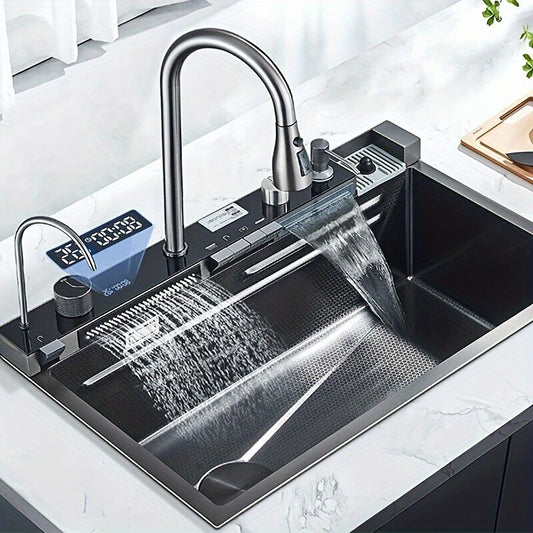 Digital Display Waterfall Sink Single Bowl Kitchen Sinks - Stainless Steel