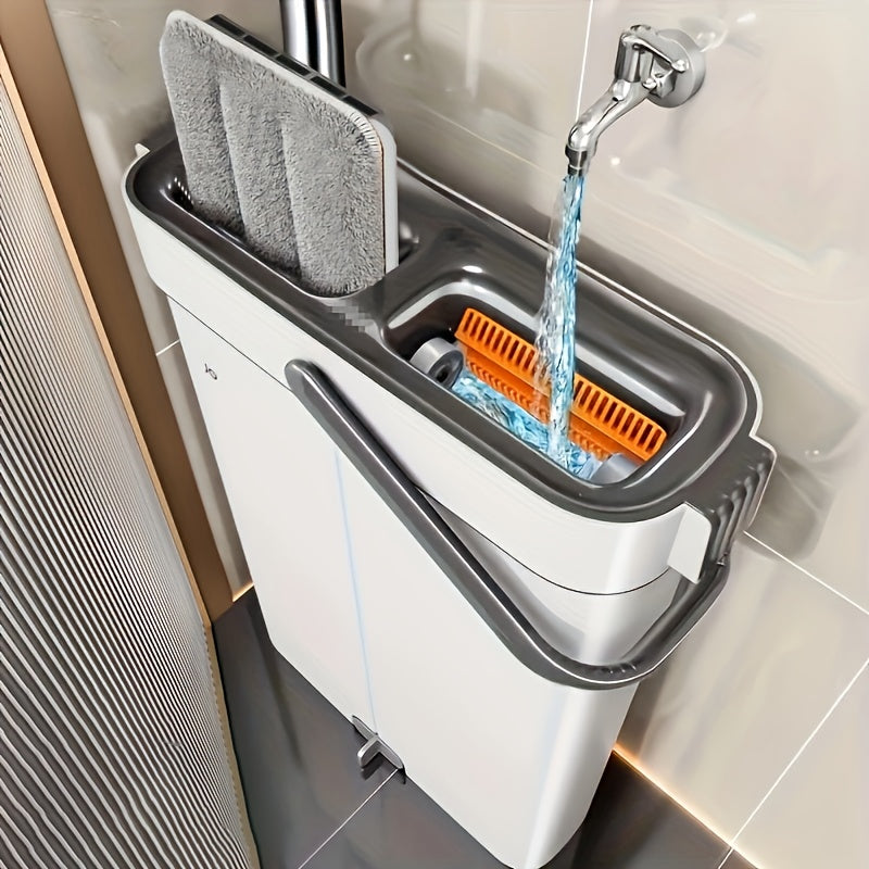 Complete cleaning system with mop and bucket, hands-free household dusting flat mop, dry and wet separation bucket, comes with 3 washable and reusable microfiber cloths