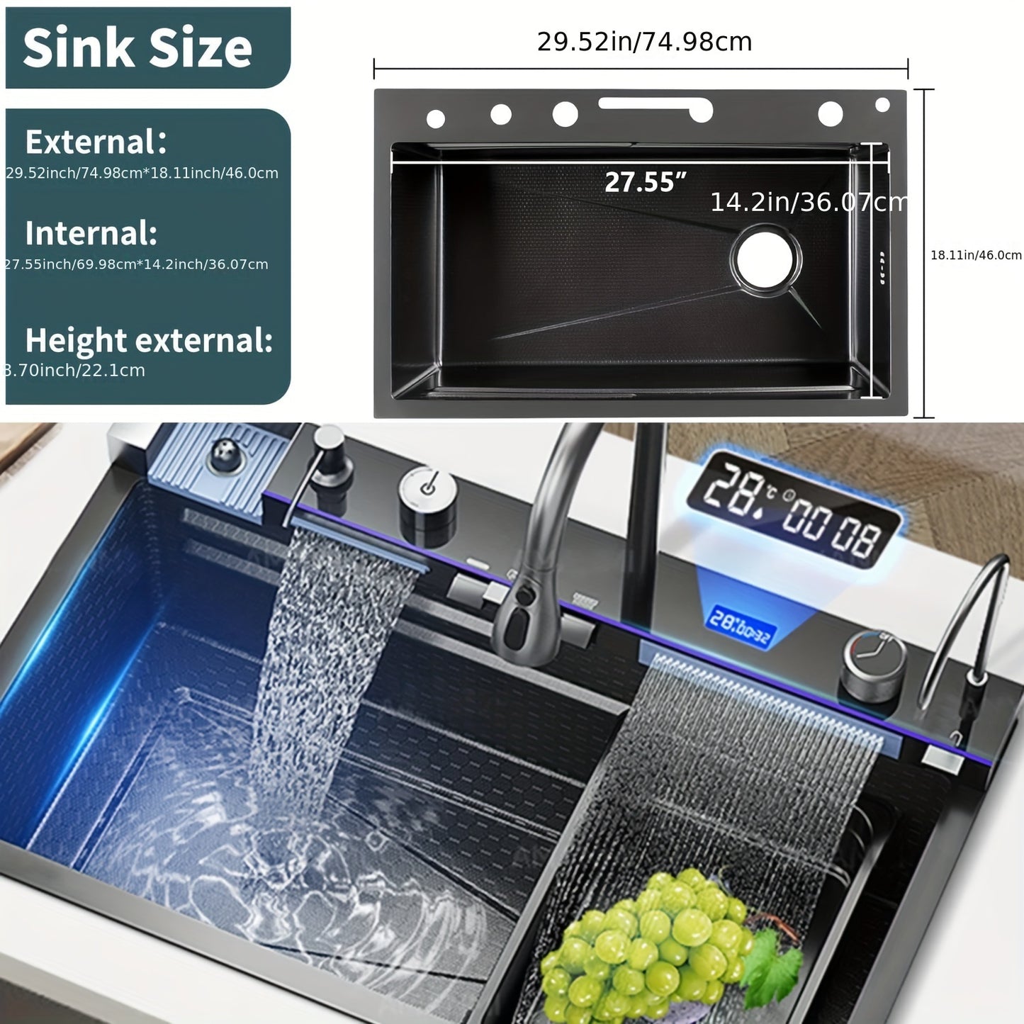Digital Display Waterfall Sink Single Bowl Kitchen Sinks - Stainless Steel