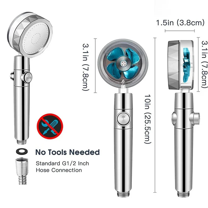 360 Degrees Rotation Turbo Fan Shower Head High Pressure Water Saving Spray