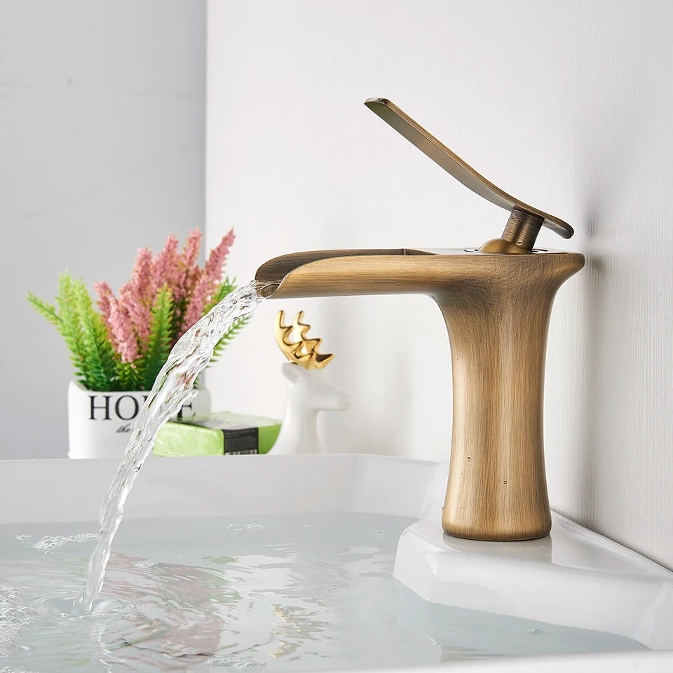 Basin Faucets Waterfall Bathroom Faucet Single handle Basin Mixer Tap  Antique Brass Faucet