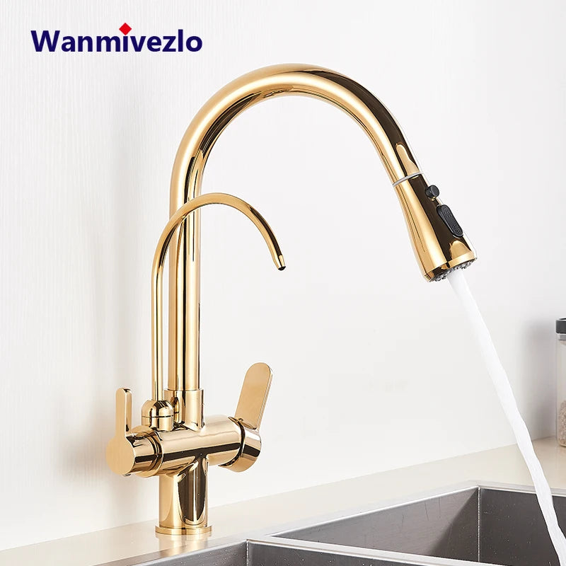 Gold Purify Water Kitchen Faucet Deck Mounted Dual Handle Faucet