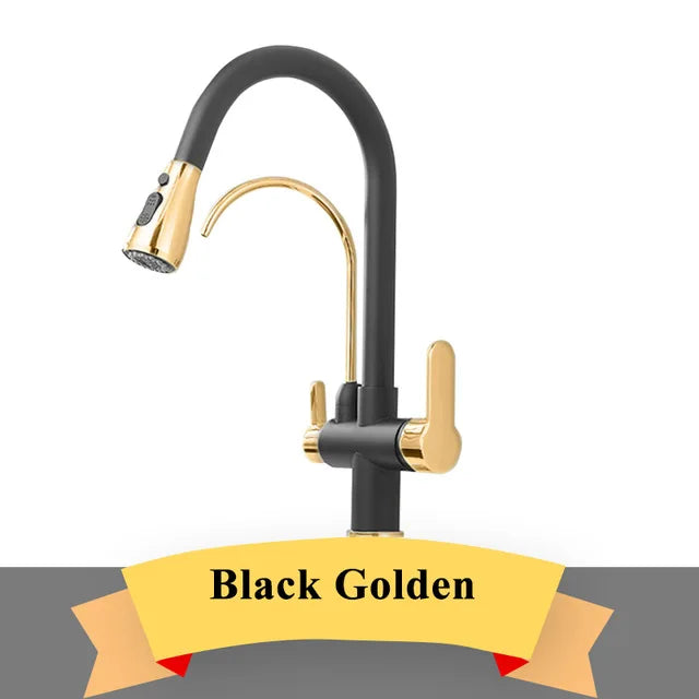 Gold Purify Water Kitchen Faucet Deck Mounted Dual Handle Faucet