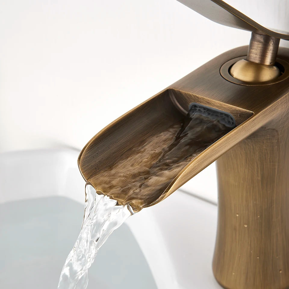 Basin Faucets Waterfall Bathroom Faucet Single handle Basin Mixer Tap  Antique Brass Faucet