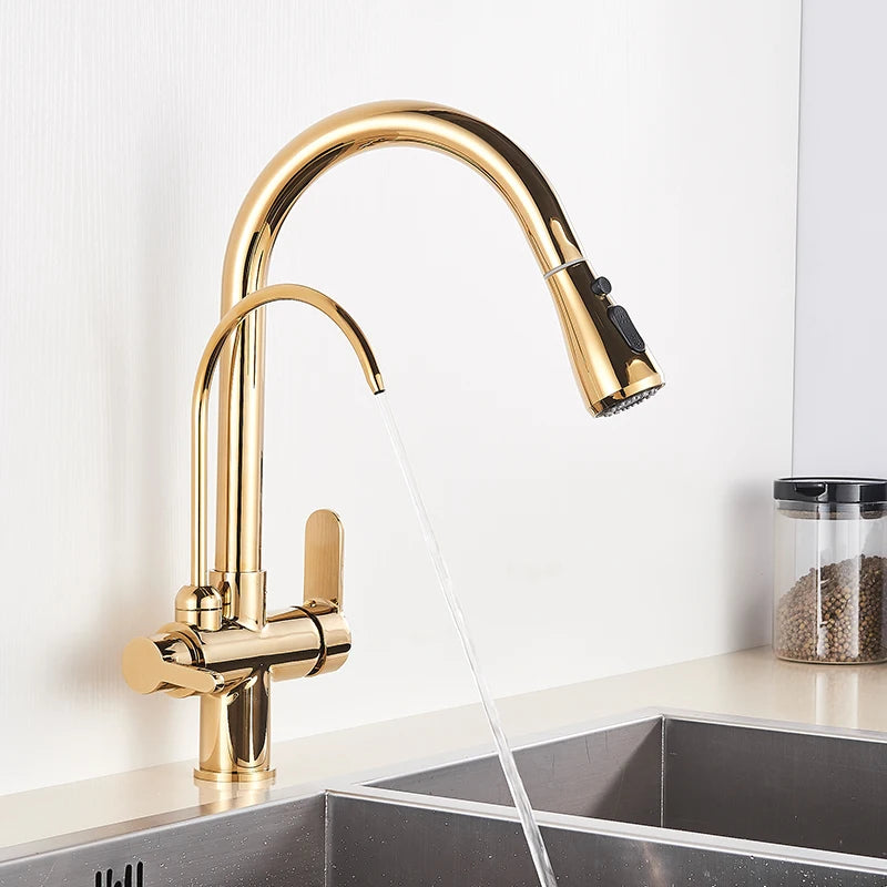 Gold Purify Water Kitchen Faucet Deck Mounted Dual Handle Faucet