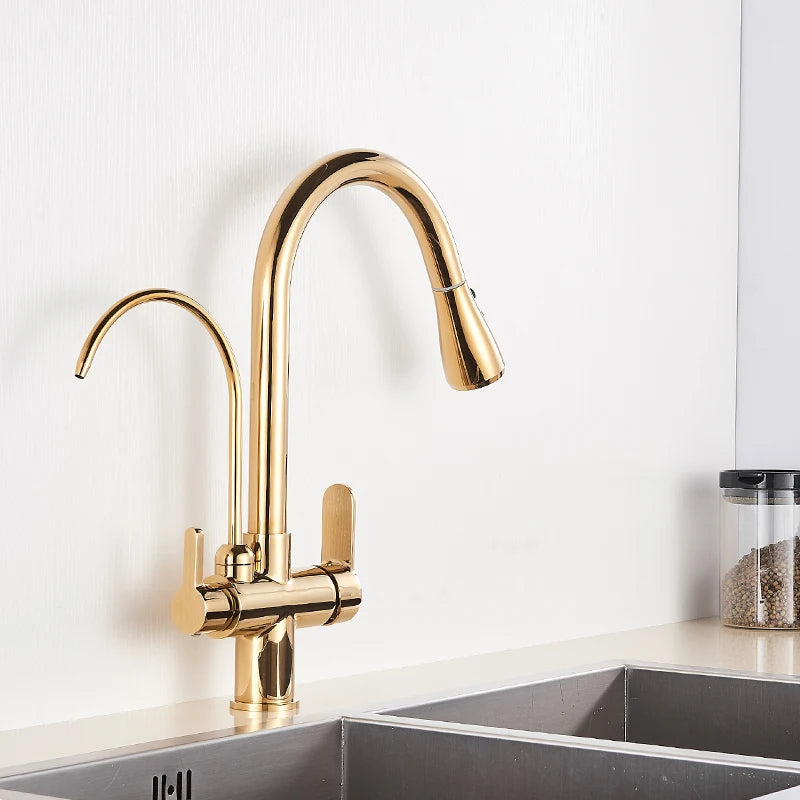 Gold Purify Water Kitchen Faucet Deck Mounted Dual Handle Faucet