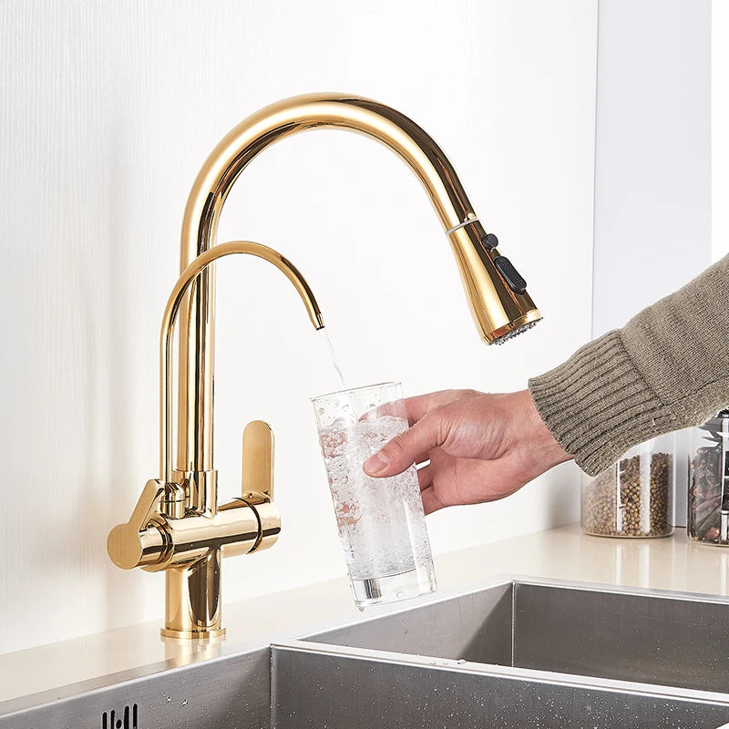 Gold Purify Water Kitchen Faucet Deck Mounted Dual Handle Faucet