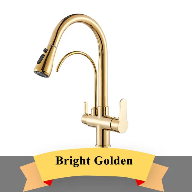 Gold Purify Water Kitchen Faucet Deck Mounted Dual Handle Faucet