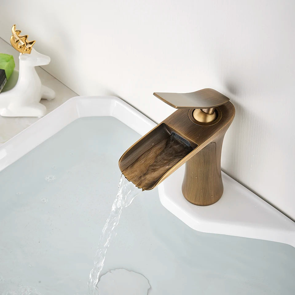 Basin Faucets Waterfall Bathroom Faucet Single handle Basin Mixer Tap  Antique Brass Faucet