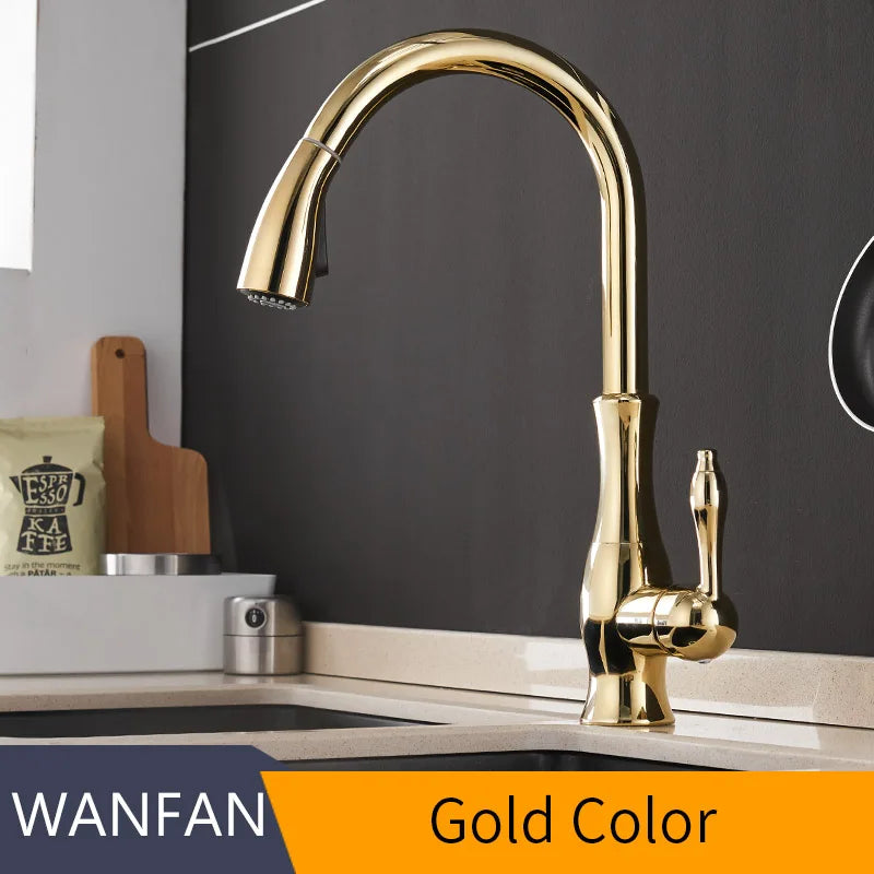 Gold Kitchen Faucets Silver Single Handle Pull Out Kitchen Tap Single Hole Water Mixer