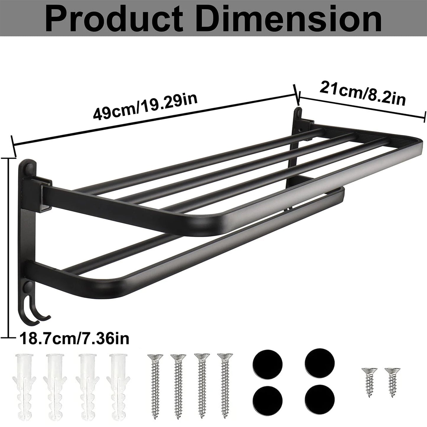 50CM Matte Black Folding Holder With Hook ,Towel Holder, Wall Mount Aluminum Towel Rack