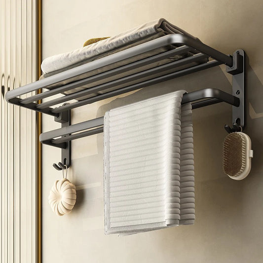 50CM Matte Black Folding Holder With Hook ,Towel Holder, Wall Mount Aluminum Towel Rack