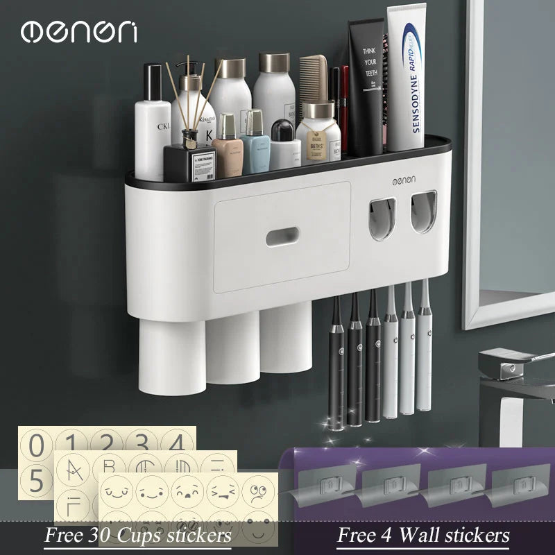MENGNI-Magnetic Adsorption Inverted Toothbrush Holder Wall -Automatic Toothpaste Squeezer Storage Rack