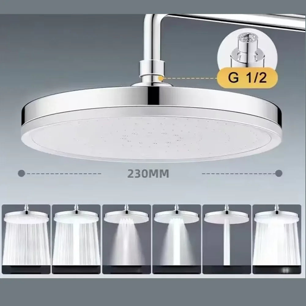 New 6 Modes Large Flow Supercharge Rainfall Shower Head 230mm Round High Pressure Top Spray Rain